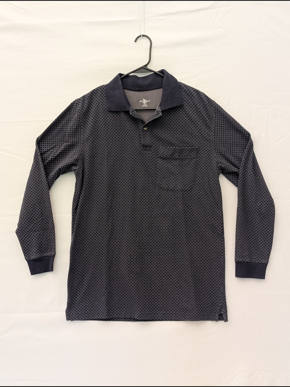 Men's Black/Gray Long-Sleeve Polo with Micro Geometric Print